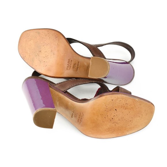 PRADA: Brown, Leather & Patent Color-Block Heels - Picture 8 of 8